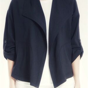 NWT Max Studio open front stretch jacket roll tab sleeves pockets navy blue M